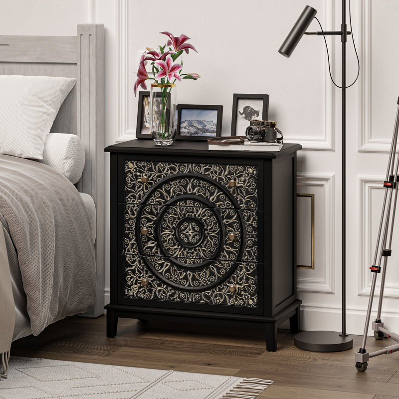 Levera Farmhouse 3-Drawer Dresser, Distressed Chest Nightstand, Black