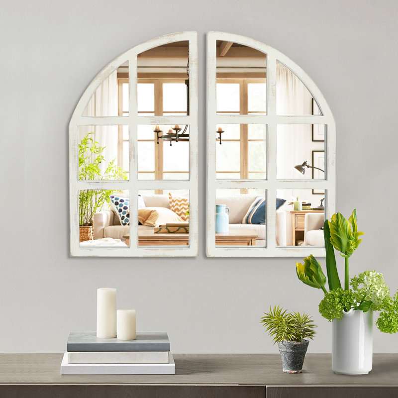 Arched Wood Framed Window Pane Wall Mirror
