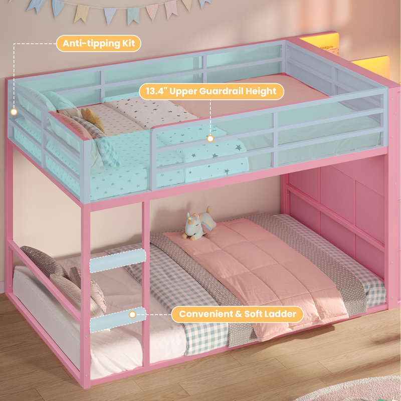 Twin Bunk Beds With Led Lights & Storage, 6 Drawers,twin Over Twin Bunk Bed, Metal Low Bed With Safety Ladder And Guardrail,space Saving