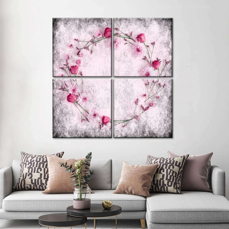 "Flower Pink Flower Wreath", ensemble de 4 reproductions sur toiles par Pink Sherbet, H 18 po x l 18 po x P 1 po