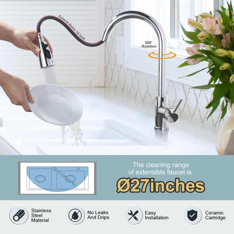 Kitchen Faucet With Sprayer, Stainless Steel High Arc Single Handle Sink Faucet, Suitable For 1 Hole Or 3 Holes., Chrome