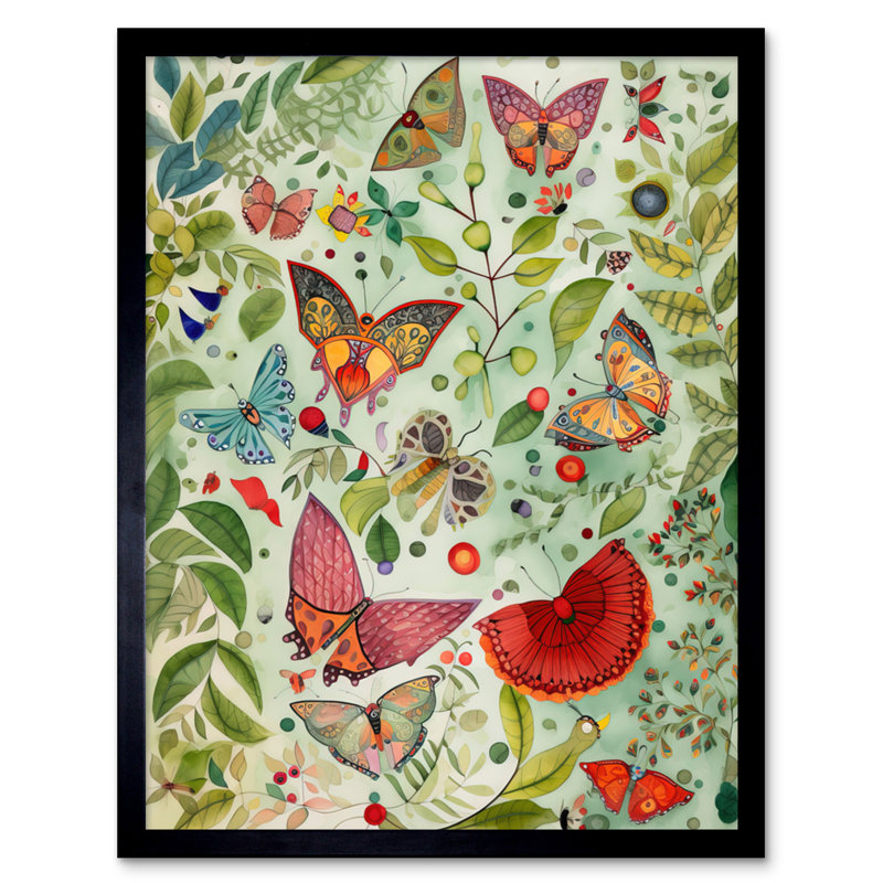 Butterflies And Leaves Folk Art Watercolour Painting Artwork Framed Wall Art Print 9X7 Inch
