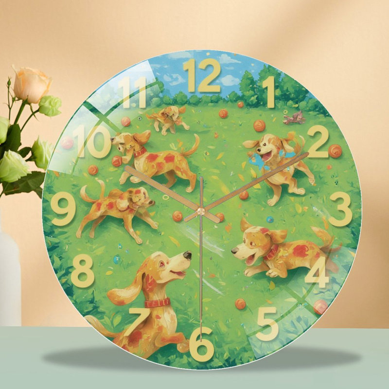 Horloge murale avec jeu de chiens sur le terrain - horloge murale moderne en verre 12 po