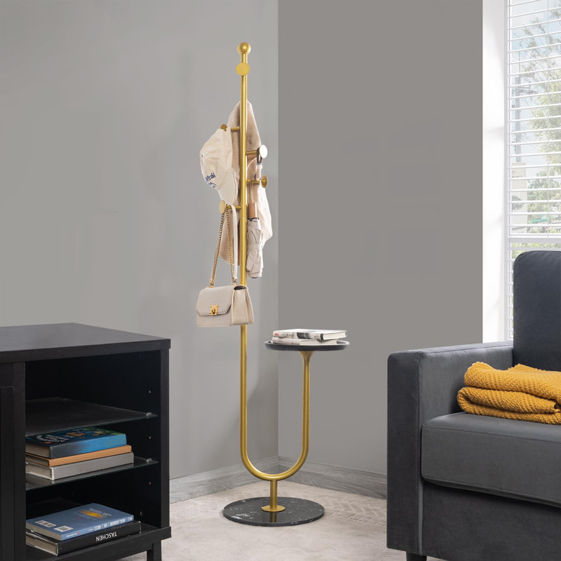 Coat Rack Stand, Metal Coat Tree With Bamboo Tray & 6 Hooks, Heavy Duty Marble Base Corner Coat Stand (Gold)