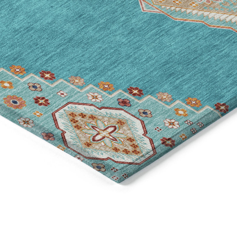 Teal Medallion Washable Synthetic Rectangular Rug 2'6" x 3'10"