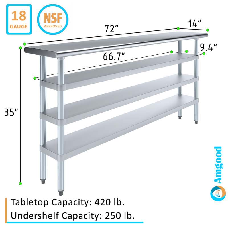 18 po X 72 po Table en acier inoxydable avec trois tablettes inférieures, P 14 po x L 72 po x H 35 po