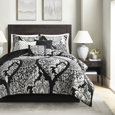 7 Piece Cotton Comforter - Black King With Pillow Covers Contrasted Design