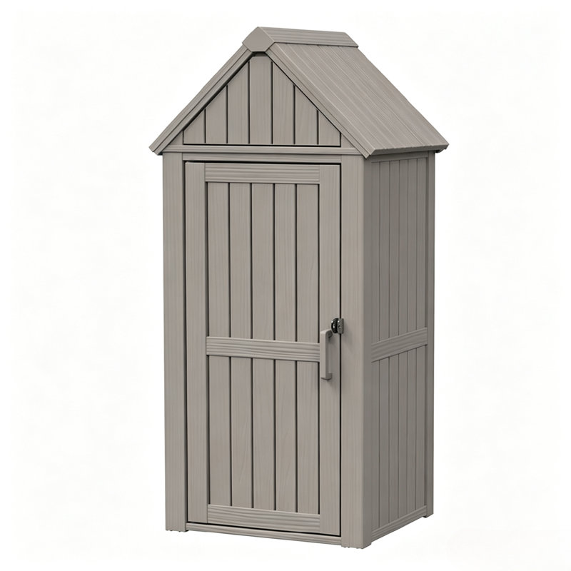 Armoire à outils verrouillable résistante aux intempéries avec finition en forme de bois et toit incliné pour patio