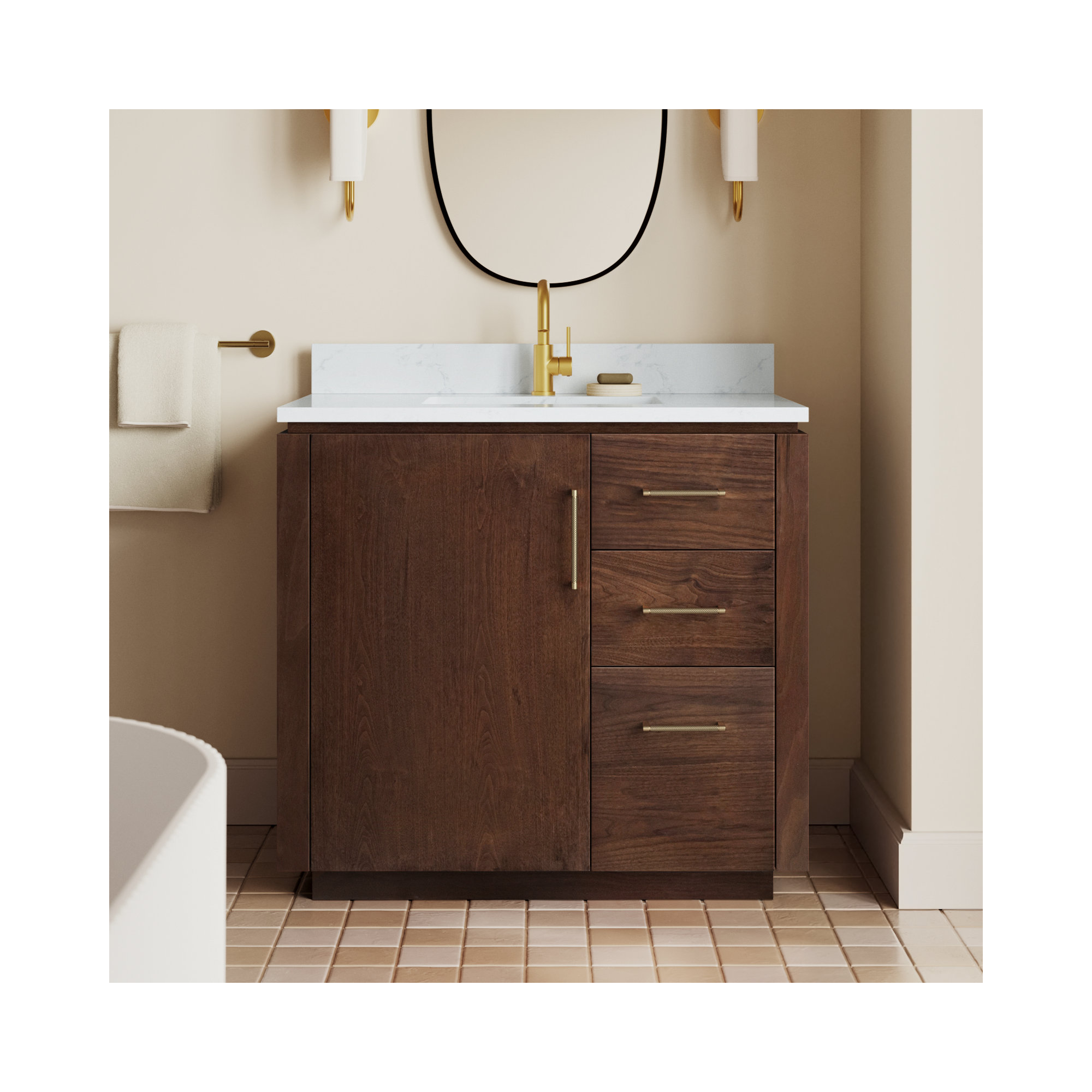 Cloverfield 36'' Single Bathroom Vanity, Natural Walnut, Gold