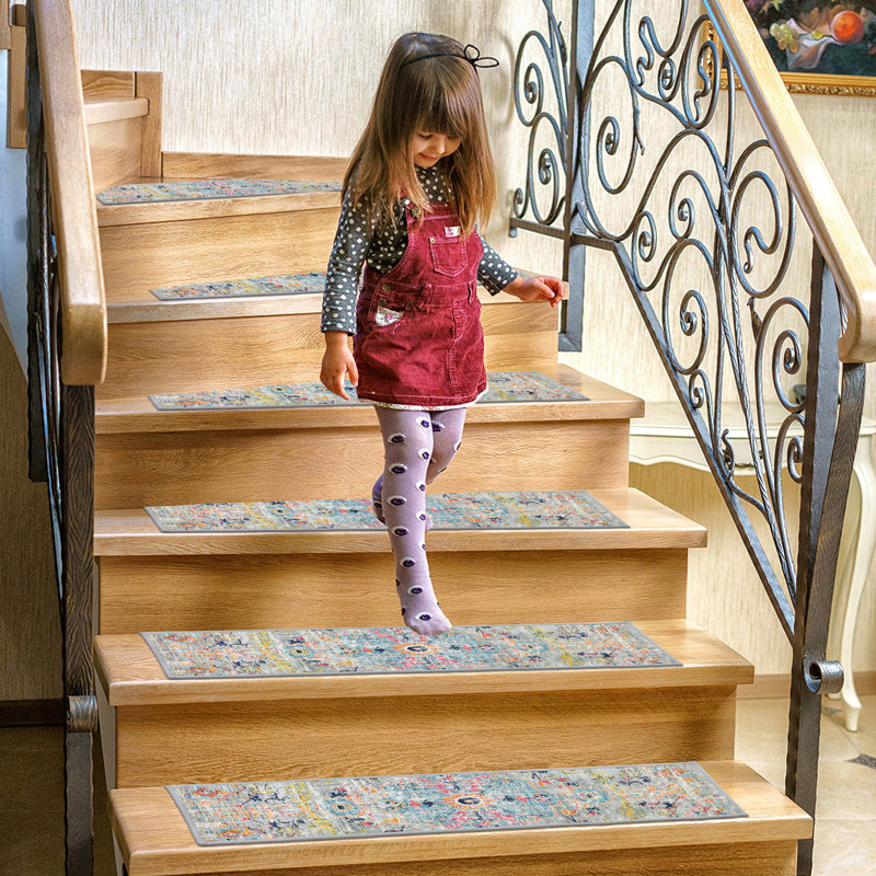 Tapis d'escalier antidérapants pour l'intérieur, Gris / orange / bleu