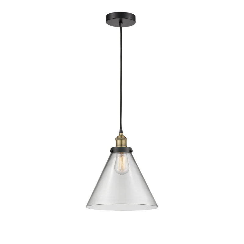 Mini-luminaire suspendu 1 lumière Cone, H 14,75 po x l 12 po x P 12 po, Clair, Laiton antique noir