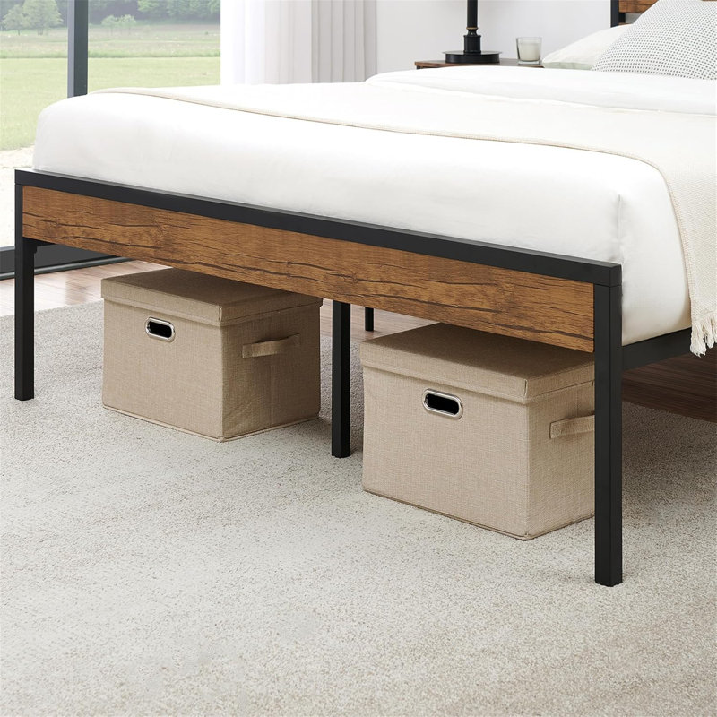 Bed Frame with Wooden Headboard and Footboard, Metal Platform Slats Heavy Duty Support, No Box Spring Needed, King