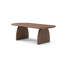 Table basse, pieds incurvés, finition lisse, matériau, structure de support ovale moderne pour balcon, texture noyer naturel, stable et polyvalente