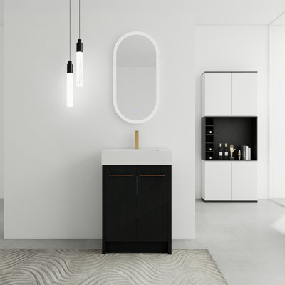 Meuble-lavabo autoportant de 24 po avec lavabo en résine et porte à fermeture douce, parfait pour les salles de bain modernes et un rangement efficace