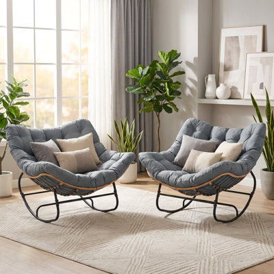 Set of 2 Oversized  Rocking Chairs  with 6" Cushions, Wicker Outdoor Rocking Papasan Chair 