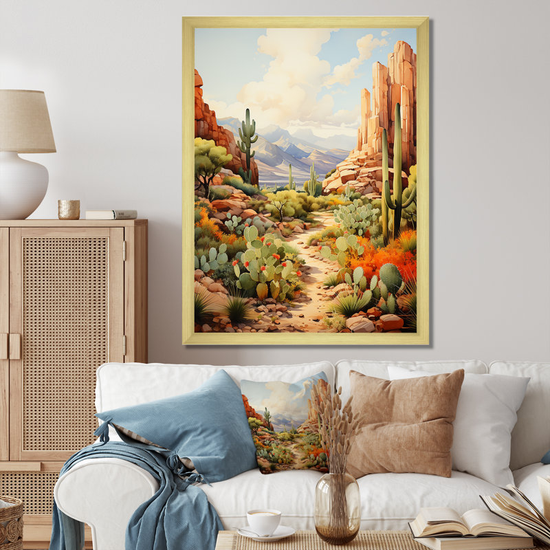 Dipaydran, Mexique, cactus, oasis, empâtement I - impression, Cadre flottant doré, H 32 po x l 16 po x P 1 po
