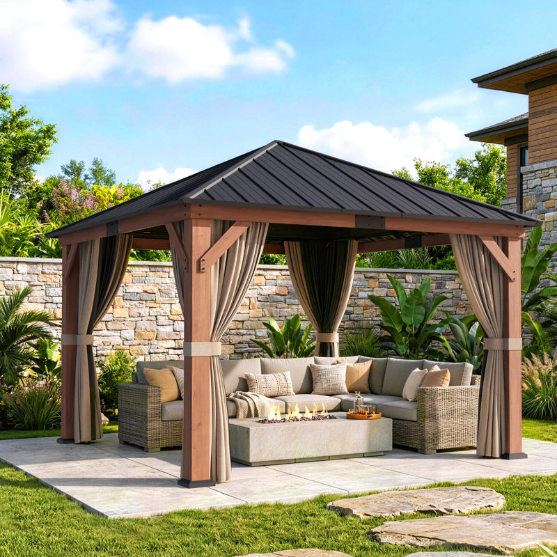 Hadley 12 Ft.X 12 Ft.Outdoor Patio Premium Cedar Wood Frame Gazebo With Mosquito Netting And Curtains, Galvanized Steel Hardtop Single Roof Pavilion