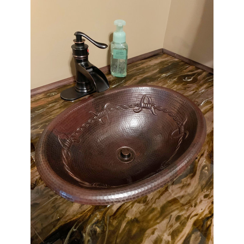 19" Oval Copper Drop-In Bathroom Sink with Barb Wire Design