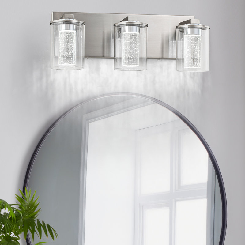 Luminaire de salle de bain en nickel brossé (3 lumières, 17 pouces), (3000K / 4000K / 6000K, intensité variable) Luminaire de salle de bain à DEL, applique murale moderne sur miroir avec abat-jour en verre transparent
