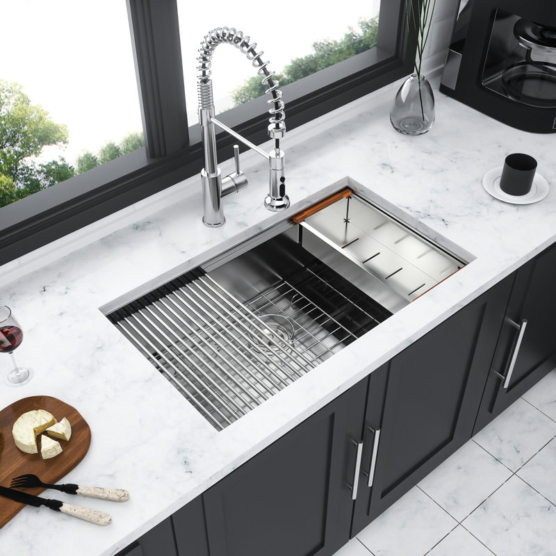 30*19*9 Inch Undermount Kitchen Sink Of 16 Gauge Stainless Steel, Brushed Nickel Finish, Workstation For Extra Utility, And Included Cutting Board Appearance, Extended Colander