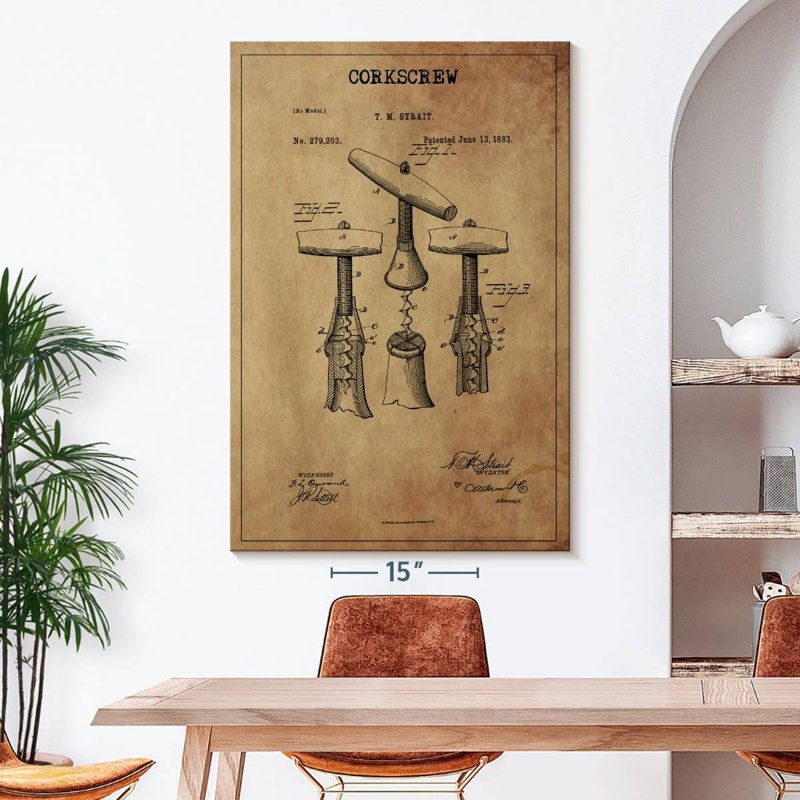 Tire-bouchon breveté sur toile, H 51 po x l 34 po x P 1,25 po