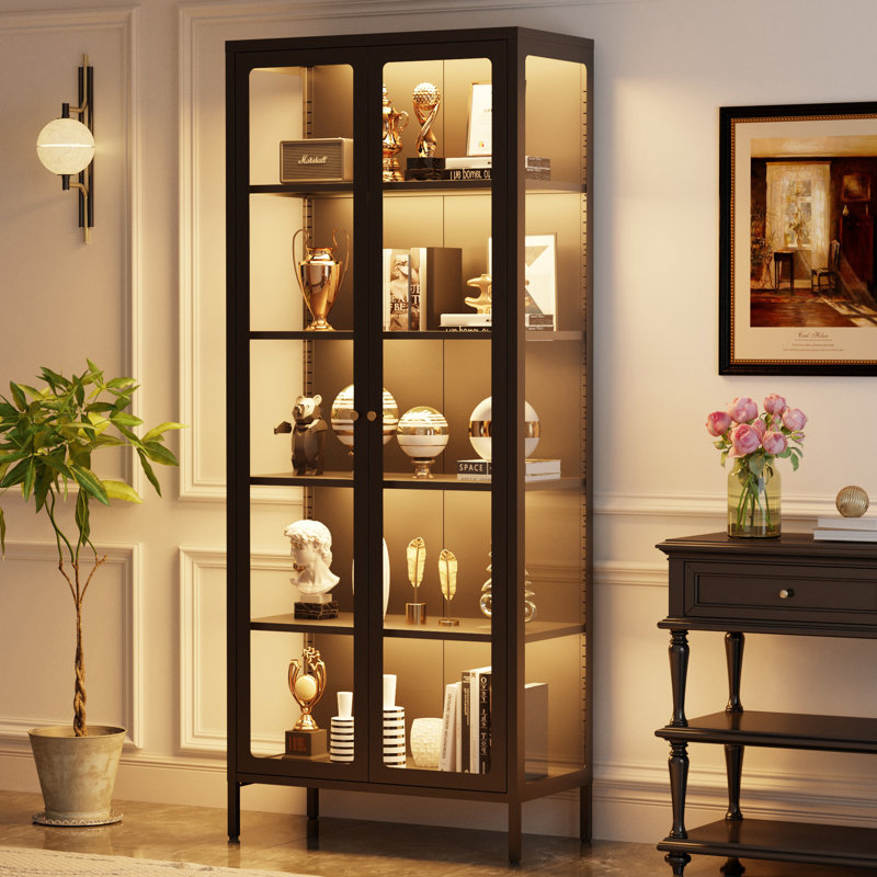 5-Tier Black 3-Sided Glass Dining Cabinet with Lights, Metal Display Stand, Black
