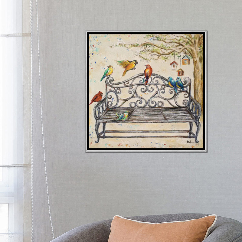 "Birds on the Bench" par Patricia Pinto, impression, H 26 po x l 26 po x P 1,5 po, Toile avec cadre argenté, Pas de tapis