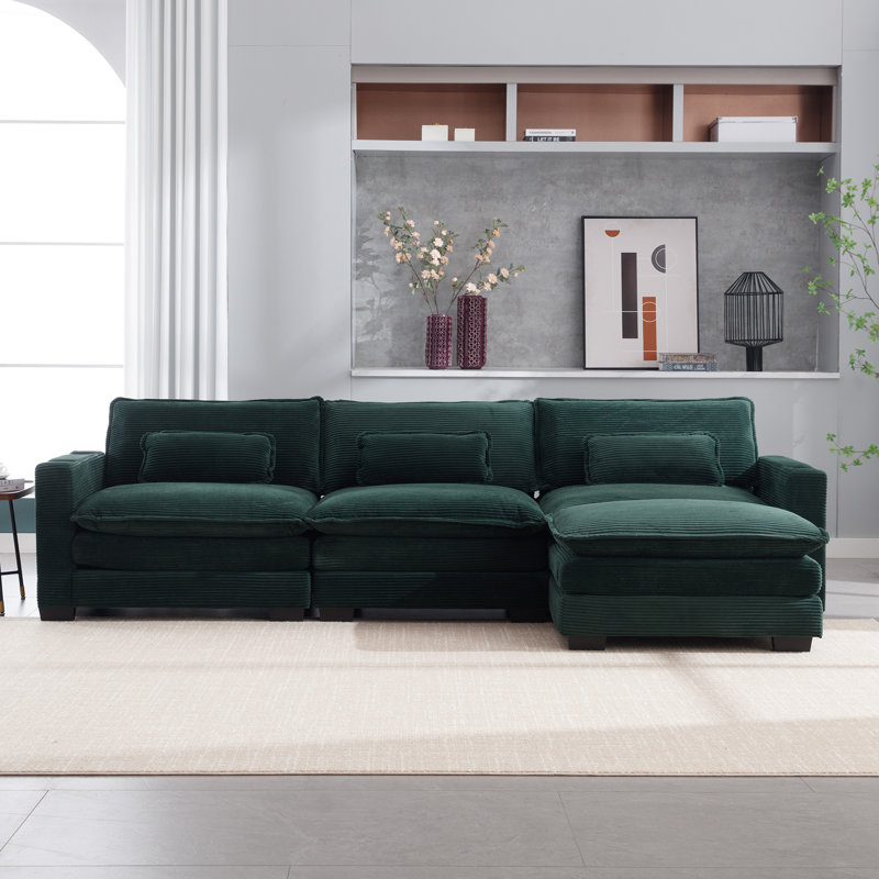 Canapé modulaire en L à 4 places avec repose-pieds et porte-gobelets, Velours côtelé vert