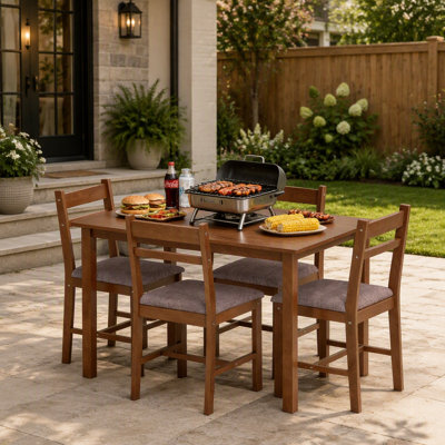 Cozy Farmhouse 5-Piece Dining Room Set with Solid Rubberwood Table and Comfortable Linen Upholstered Chairs, Perfect for Daily Meals and Gatherings
