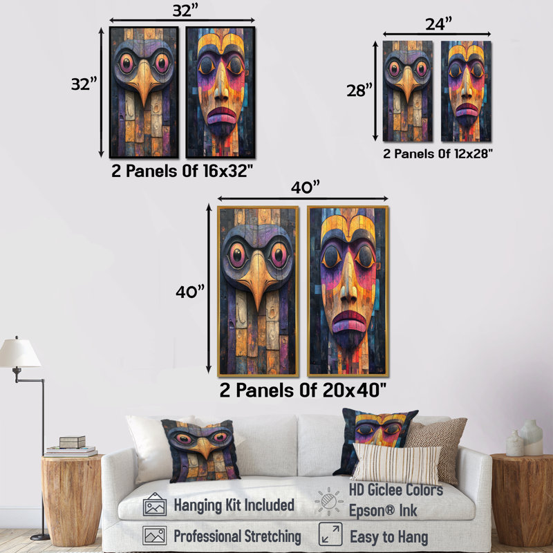 Black Ravens Call Totem I - Native American Art Totem Wall Art 2 pièces, H 40 po x l 40 po, Ne s’applique pas