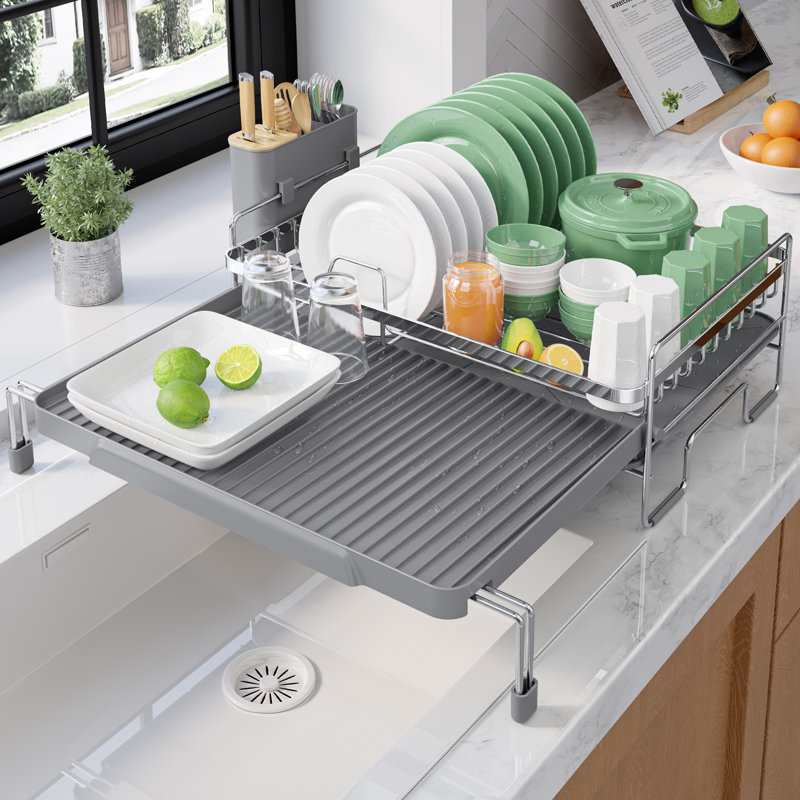Extendable Dish Drying Rack - Adjustable Length 12.8"–21.0", Auto-Draining Dish Rack for Kitchen Counter, Rust-Resistant Metal Frame Over-Sink Support for Plates, Bowls & Utensils, Sliver Grey