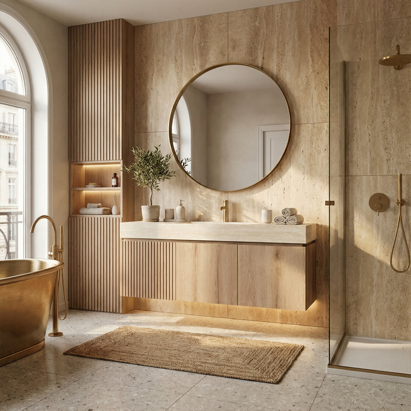 48" Wall-Mounted Vanity With Sintered Stone Top & Ceramic Sink, Storage Cabinet With 1 Drawer & Soft-Close Door, White Oak