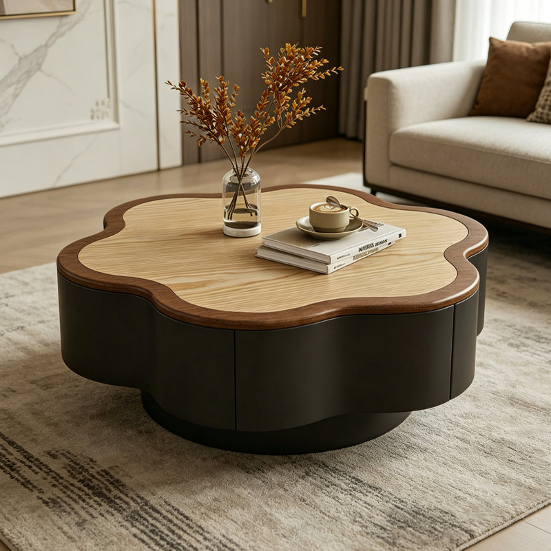 Table basse à pétales rétro français, 13" H x 31.49" L x 31.49" W, Black/Burlywood/NutBrown