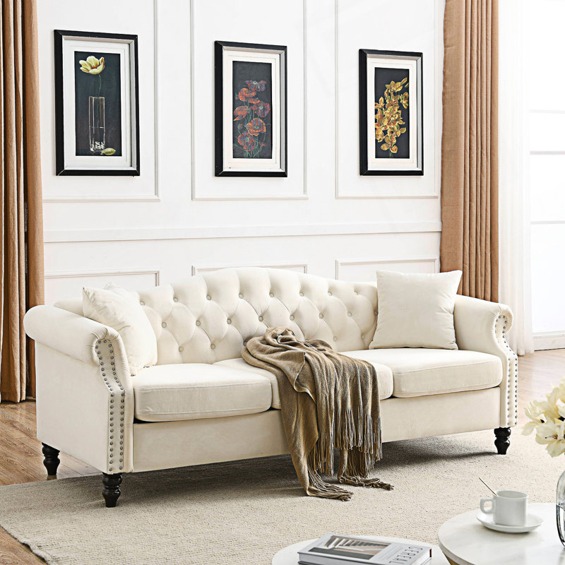 Tufted Couch With Rolled Arms, Chesterfield Sofa, Seater Sofa, Beige, 2