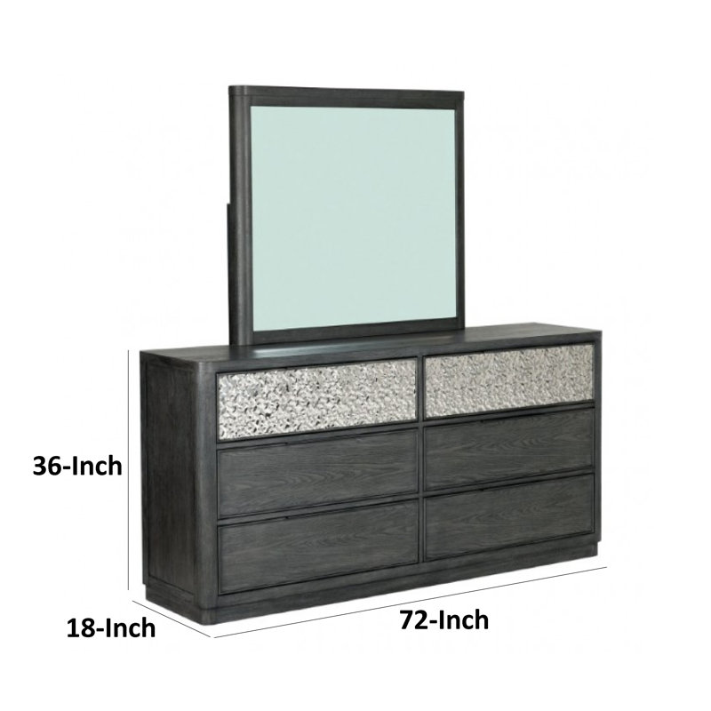 Commode large Zoko avec 5 tiroirs, détails en métal texturé, gris cendré