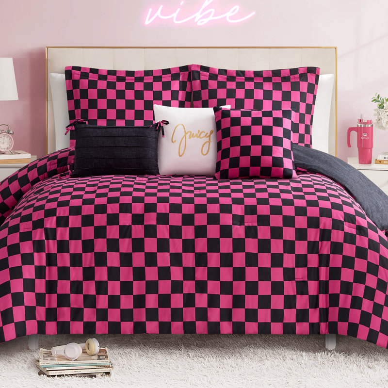 Juicy Couture Checkerboard Comforter Sets, Twin Extra Long Comforter + 4 Additional Pieces, Black/Hot Pink