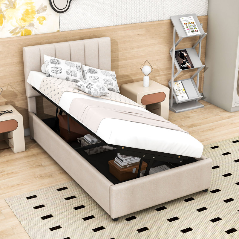 Twin Upholstered Platform Bed, Beige