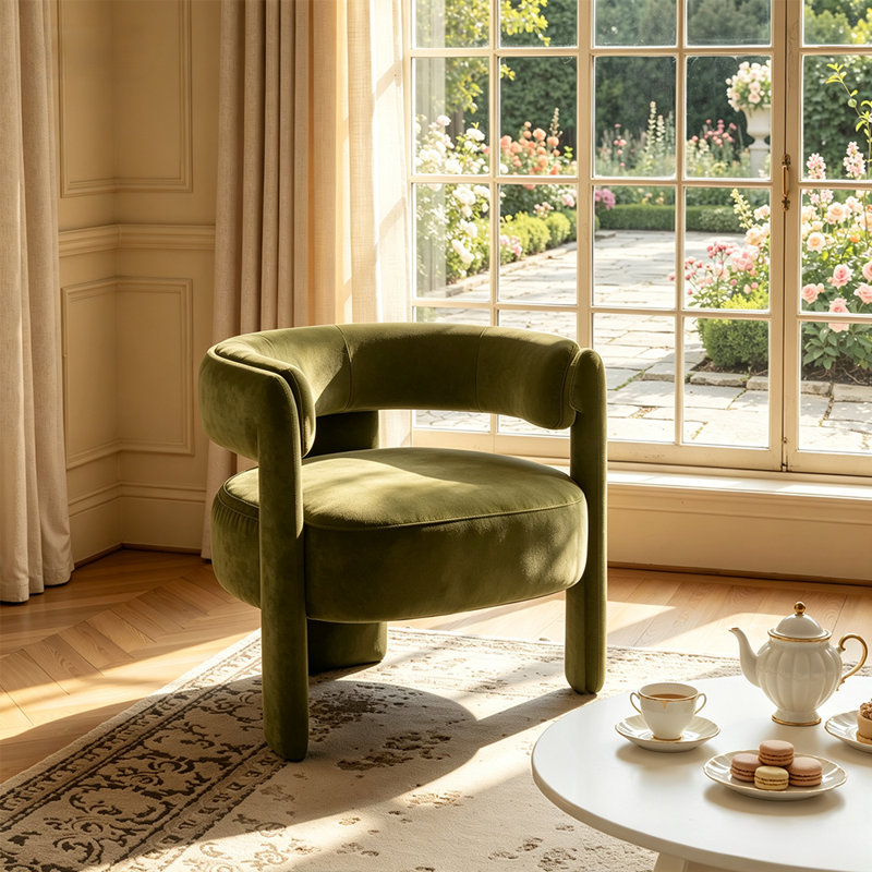 Fauteuil d'appoint moderne en velours avec dossier ajouré incurvé et pieds en bois, Vert