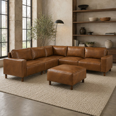 Canapé d'angle modulaire Cavrissane 104 po 6 pièces en similicuir respirant avec pouf amovible, housses de coussins de dossier amovibles et pieds en bois massif