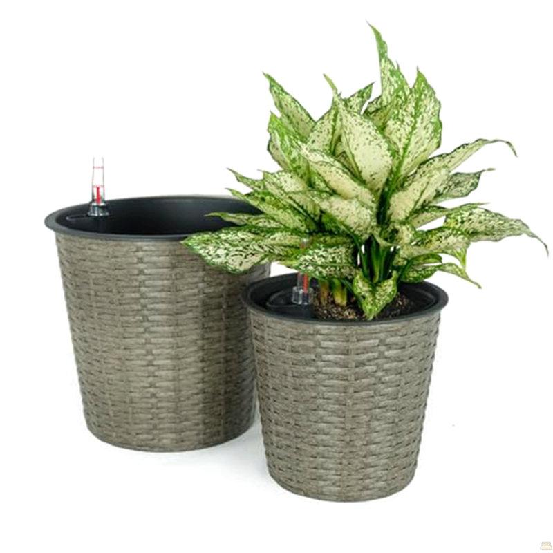 Ensemble de 2 pots de fleurs décoratifs en osier pour l'intérieur et l'extérieur - Rond - Gris