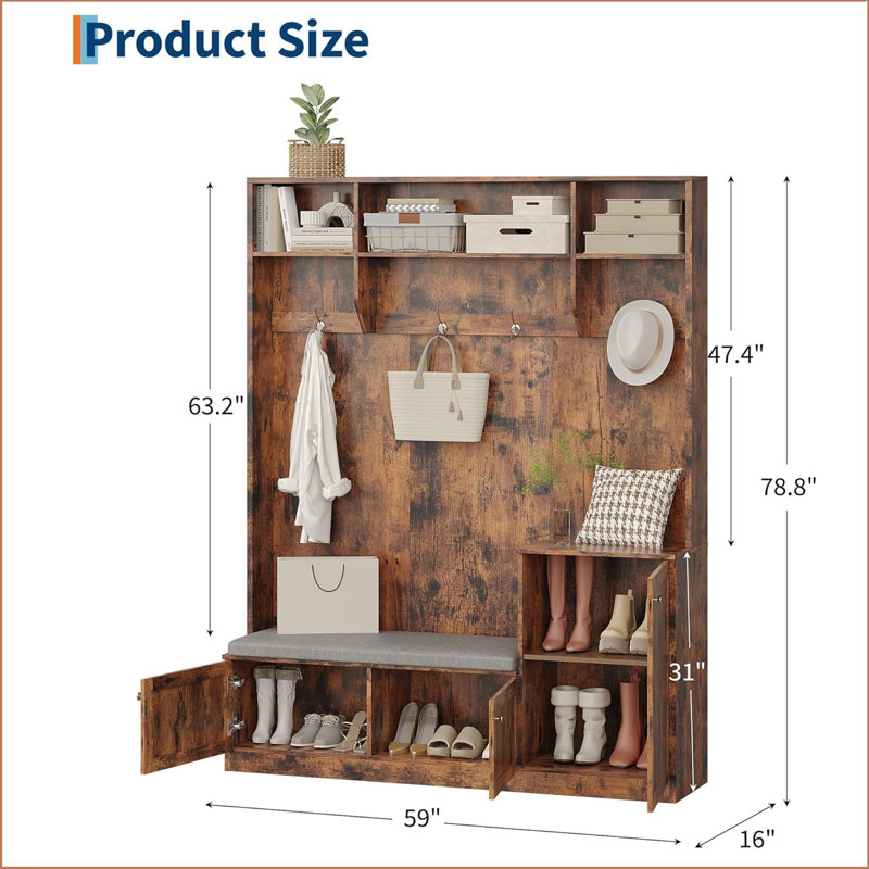 79 in Hall Tree, 5-In-1 Modern Entryway Bench with Coat Rack, Hall Tree with 4 Hanging Hooks, 3 Open Compartments & Adjustable Shelf, Coat Rack Freestanding for Entryway, Living Room