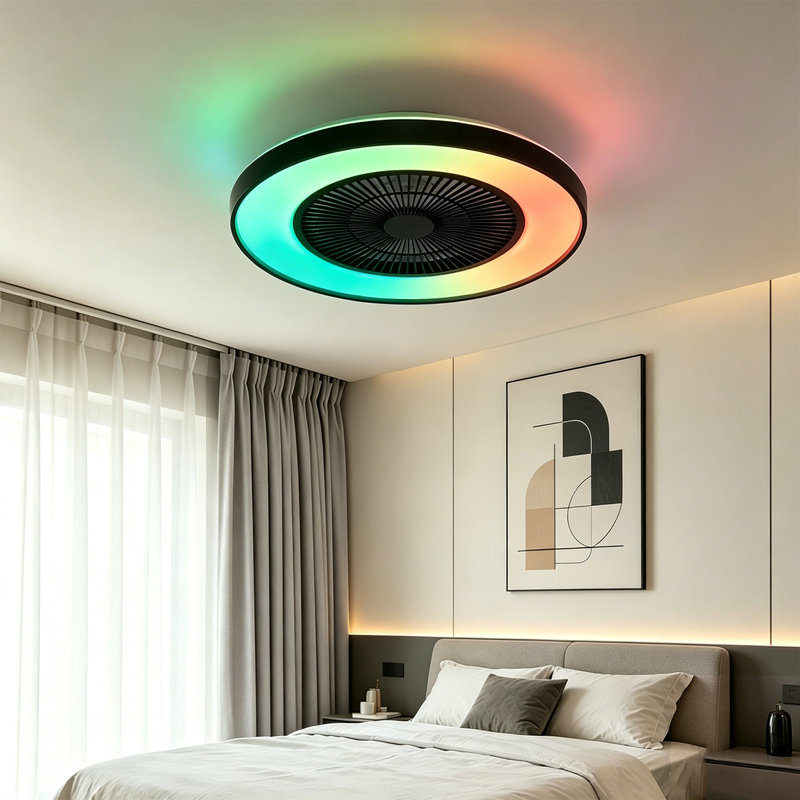 Makaiyla 20" WiFi Bluetooth LED RGB Flush Mount Ceiling Fan Light with Remote APP Voice Control, 20" Wide, Matte Black