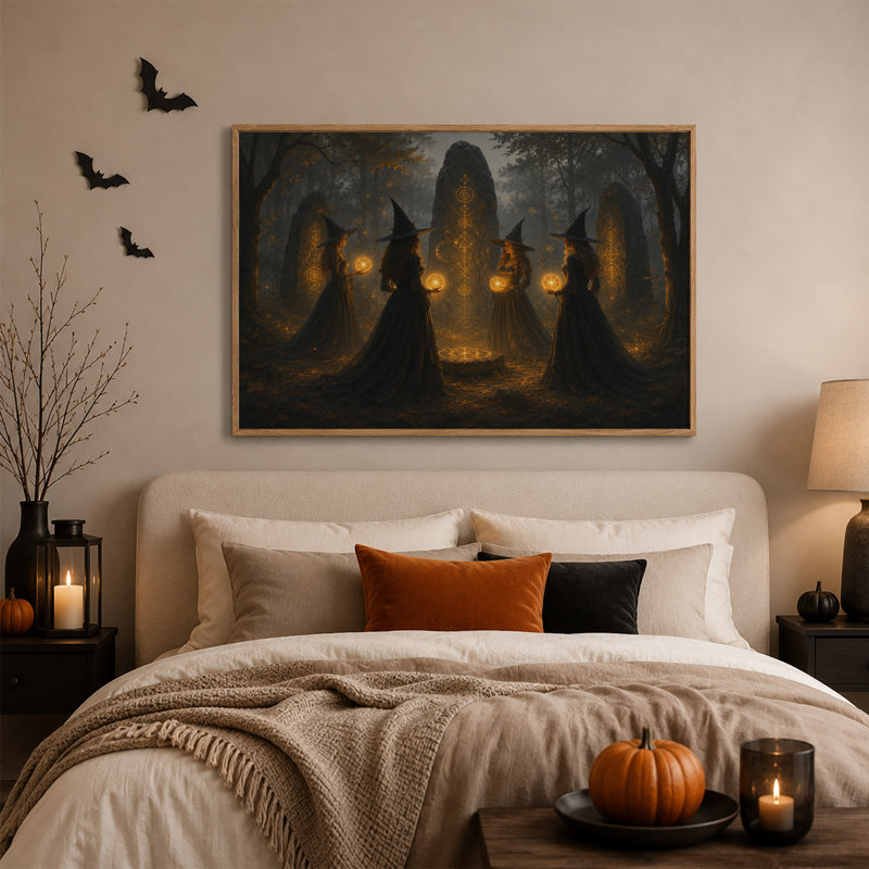 Quatre sorcières tenant des orbes brillants dans une forêt d'Halloween, art mural sur toile, H 18 po x l 24 po