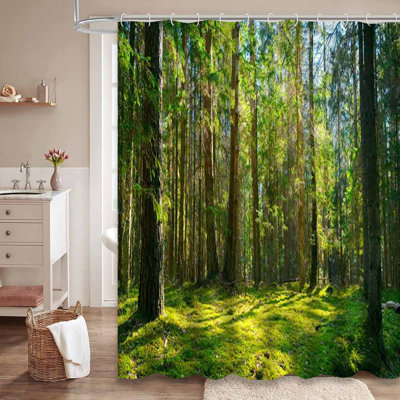 Forest Spring Nature Beautiful Green Shower Curtain with 12 Hooks