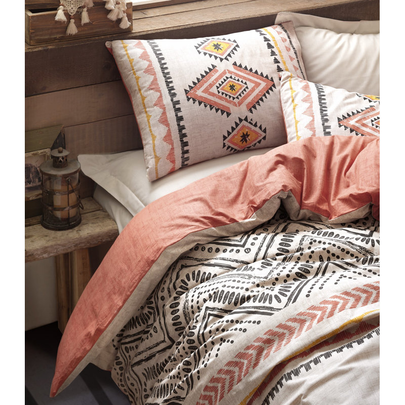 Ensemble de housse de courtepointe 100% coton Ranforce, tuile rouge et jaune avec accents blancs et noirs | Comprend une housse de couette 55 x 79 et une taie d'oreiller 24 x 24 | Lavable à la machine, 145 fils, conception élégante et confortable