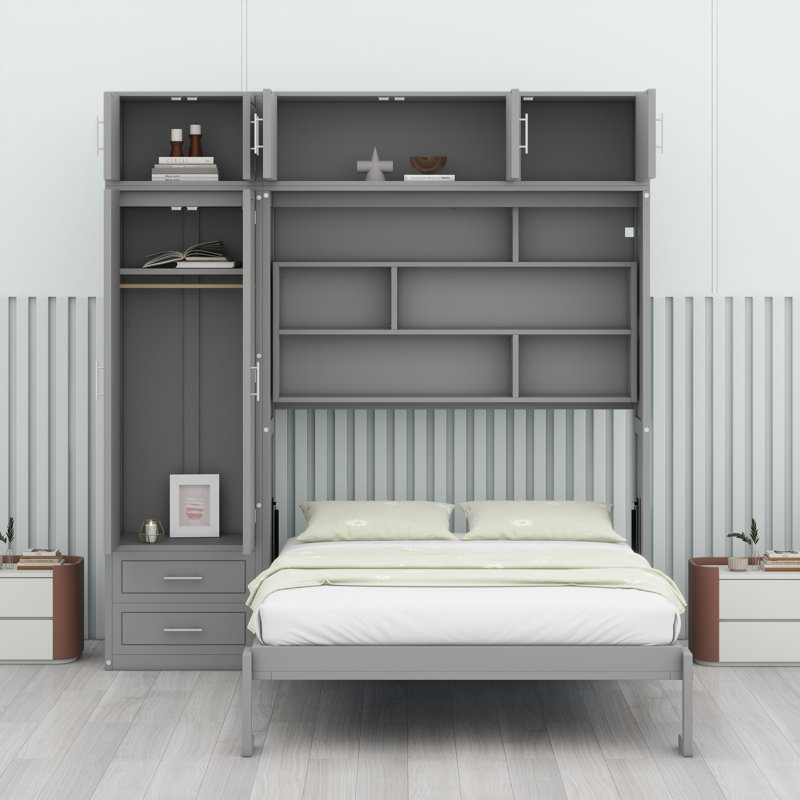 Wall Murphy Bed With Top Cabinet, Gray