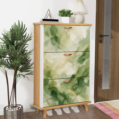 Armoire de rangement pour chaussures avec 3 tiroirs rabattables pour la structure en marbre vert olive blanc aquarelle et coups de pinceau