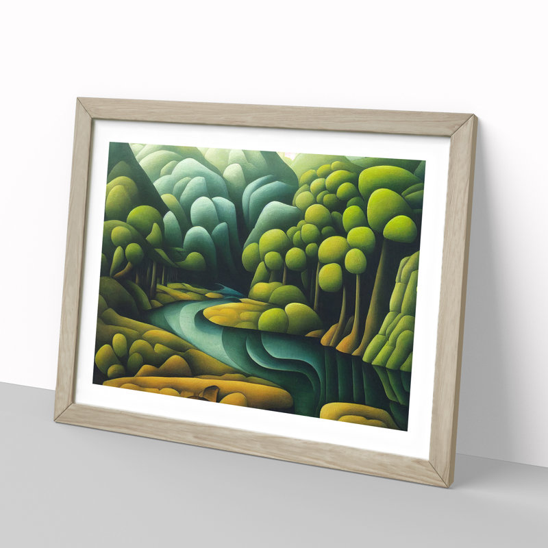 XH1022-6183X Modern Stream And Forest - Single Picture Frame Print, Oak Framed, 46cm H x 64cm W x 2cm D