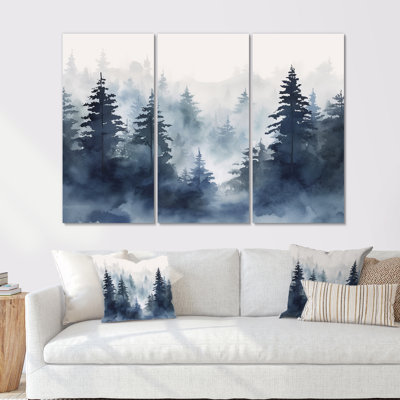 «Dark Blue Forest Skyline Watercolor», ensemble d'impression d'art mural forêt