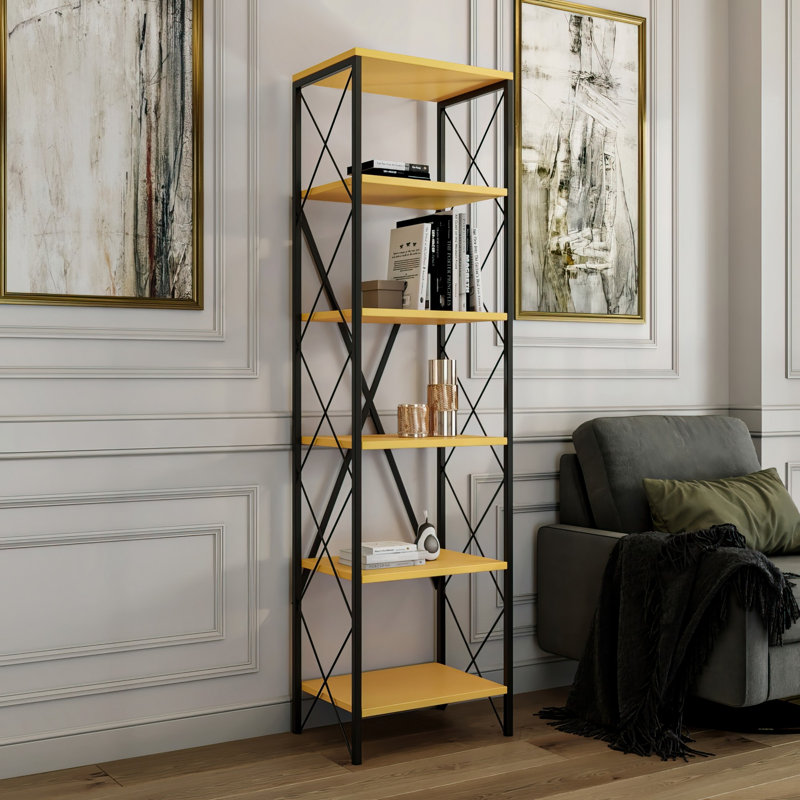 Baugus 180cm H x 50cm W Standard Bookcase, Black/Yellow